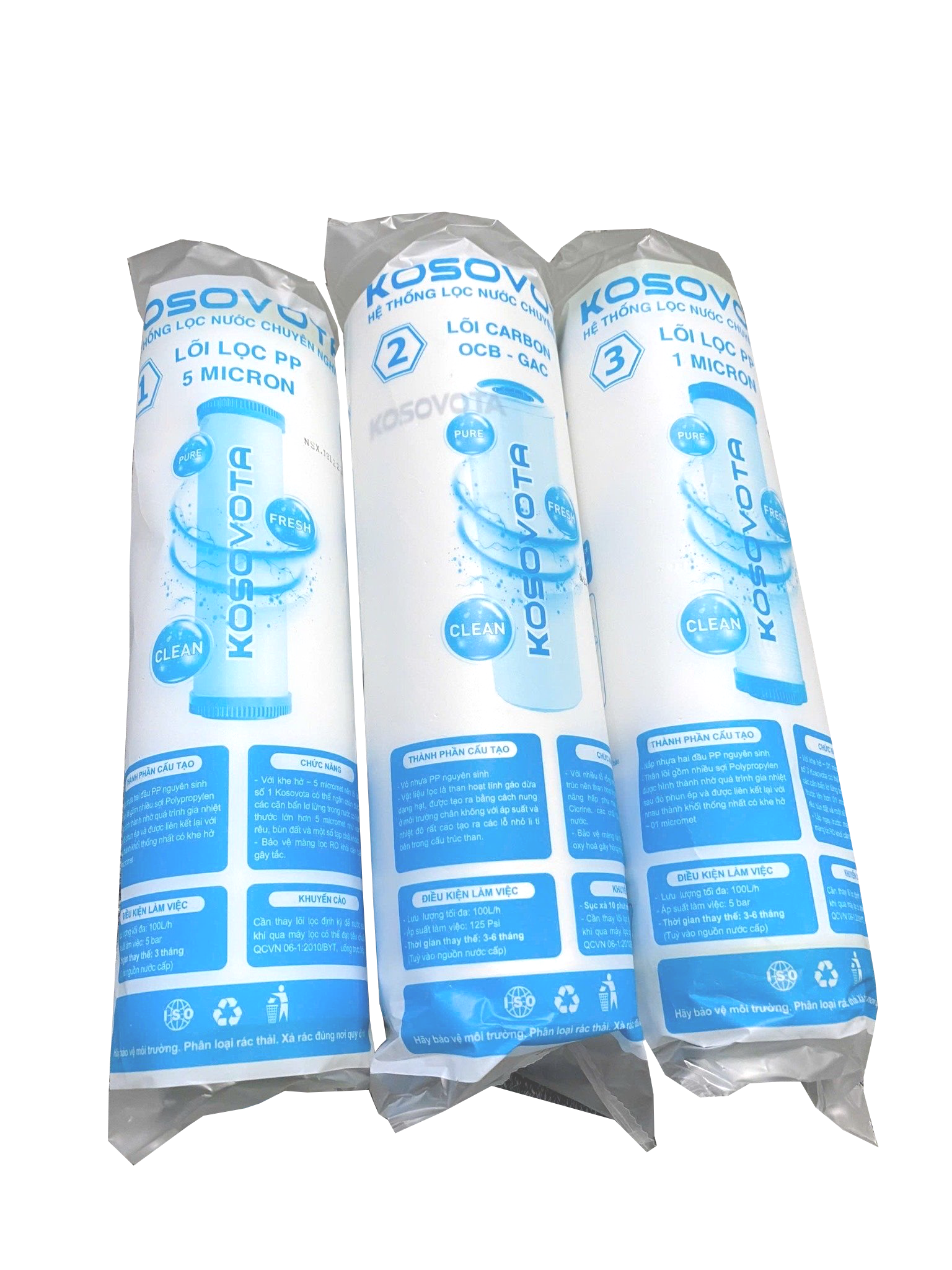 Bộ 3 Lõi lọc nước 123 Kosovota 10" cho máy gia đình